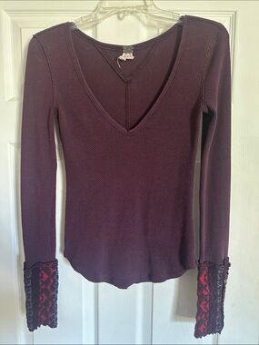 We The Free Plum V-Neck Thermal Long Sleeve with Lace-Trim Cuffs